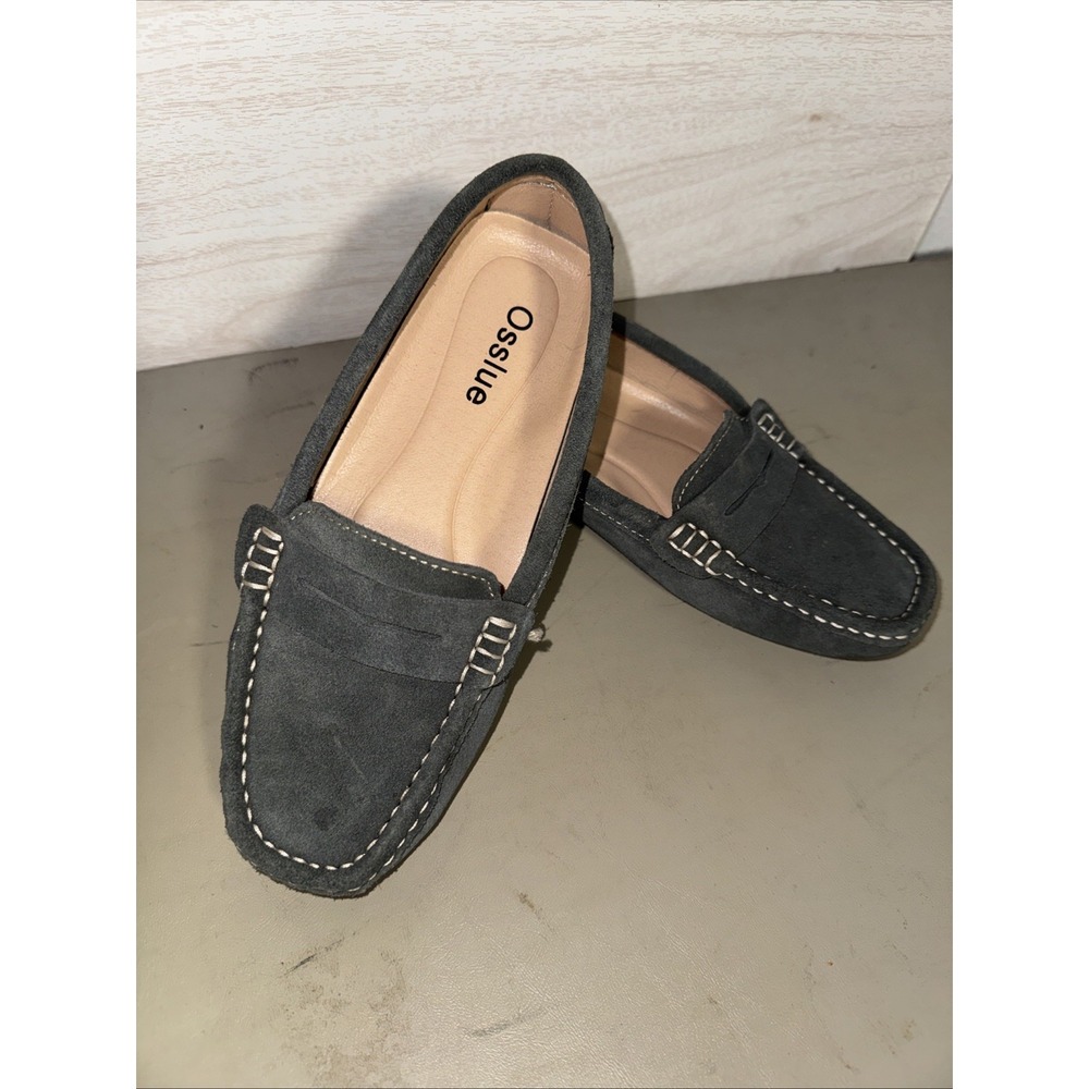 Osslue women's slate grey suede penny driving loafers Sz 7.5